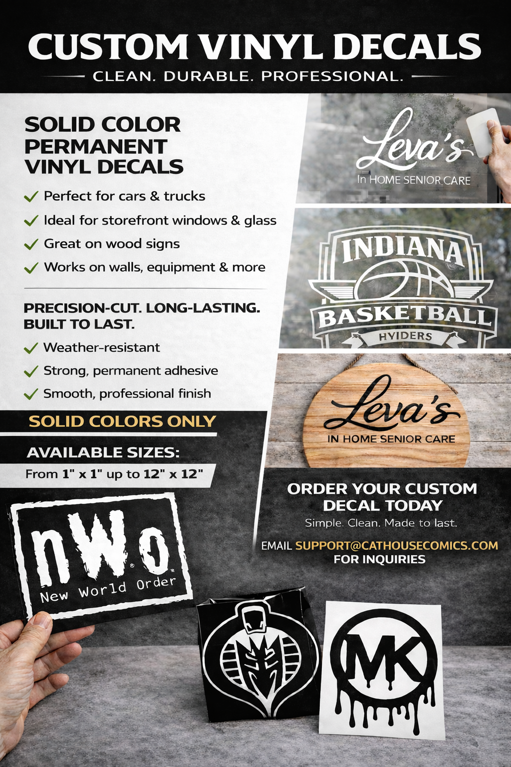 Advertisement for custom vinyl decals featuring images of signage and logo designs, with details about material, sizes, and ordering information.