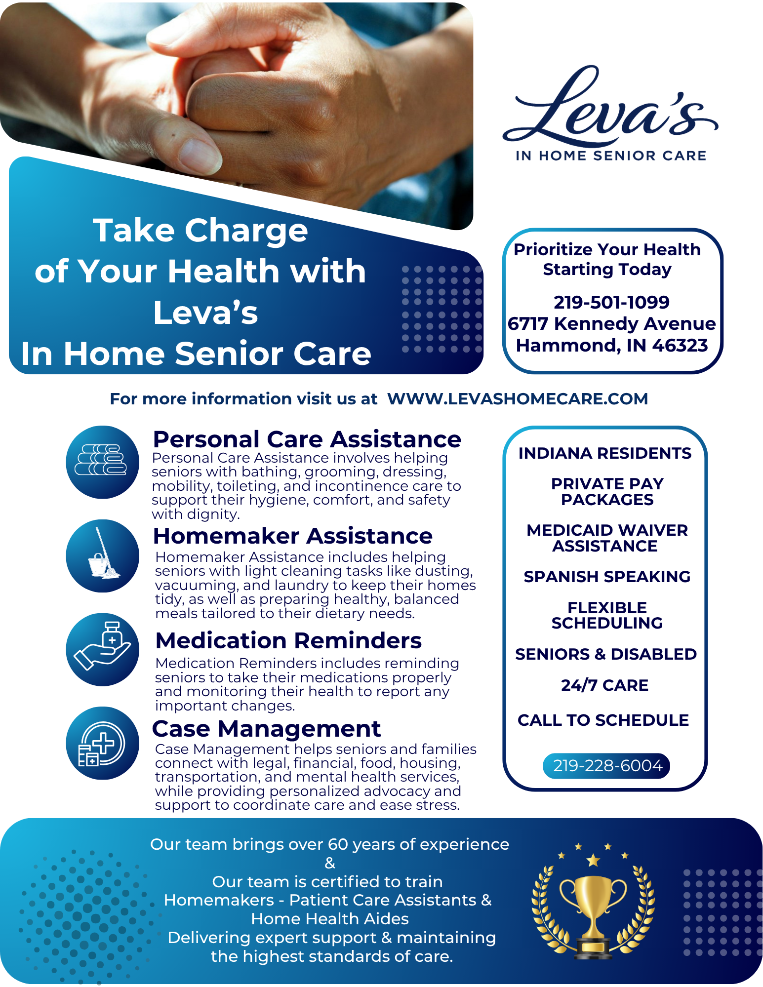 Flyer for Leva's In Home Senior Care featuring a close-up image of two hands holding each other and information about personal care, homemaker assistance, medication reminders, case management, and contact details.