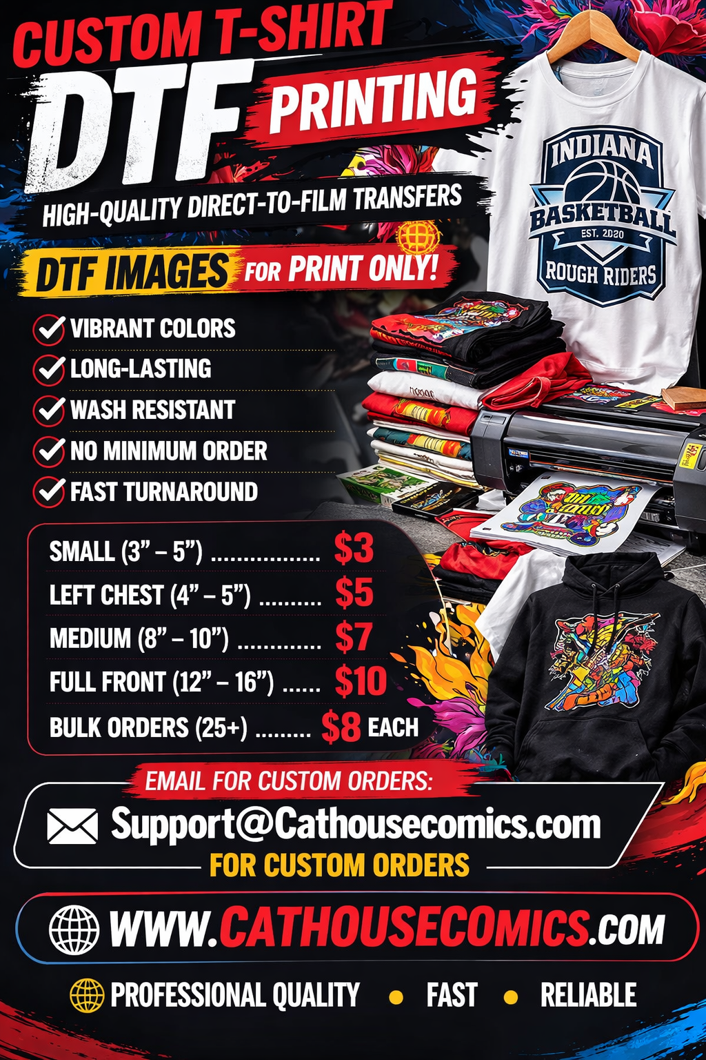 Custom T-shirt printing services featuring high-quality direct-to-film transfers. Local pick-up in Hammond, IN.