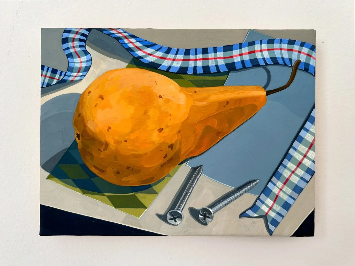 &ldquo;Pear, Ribbon, and Two Screws,&rdquo; 8 x 6&rdquo; egg tempera on panel, 2024 🍐🔩🔩