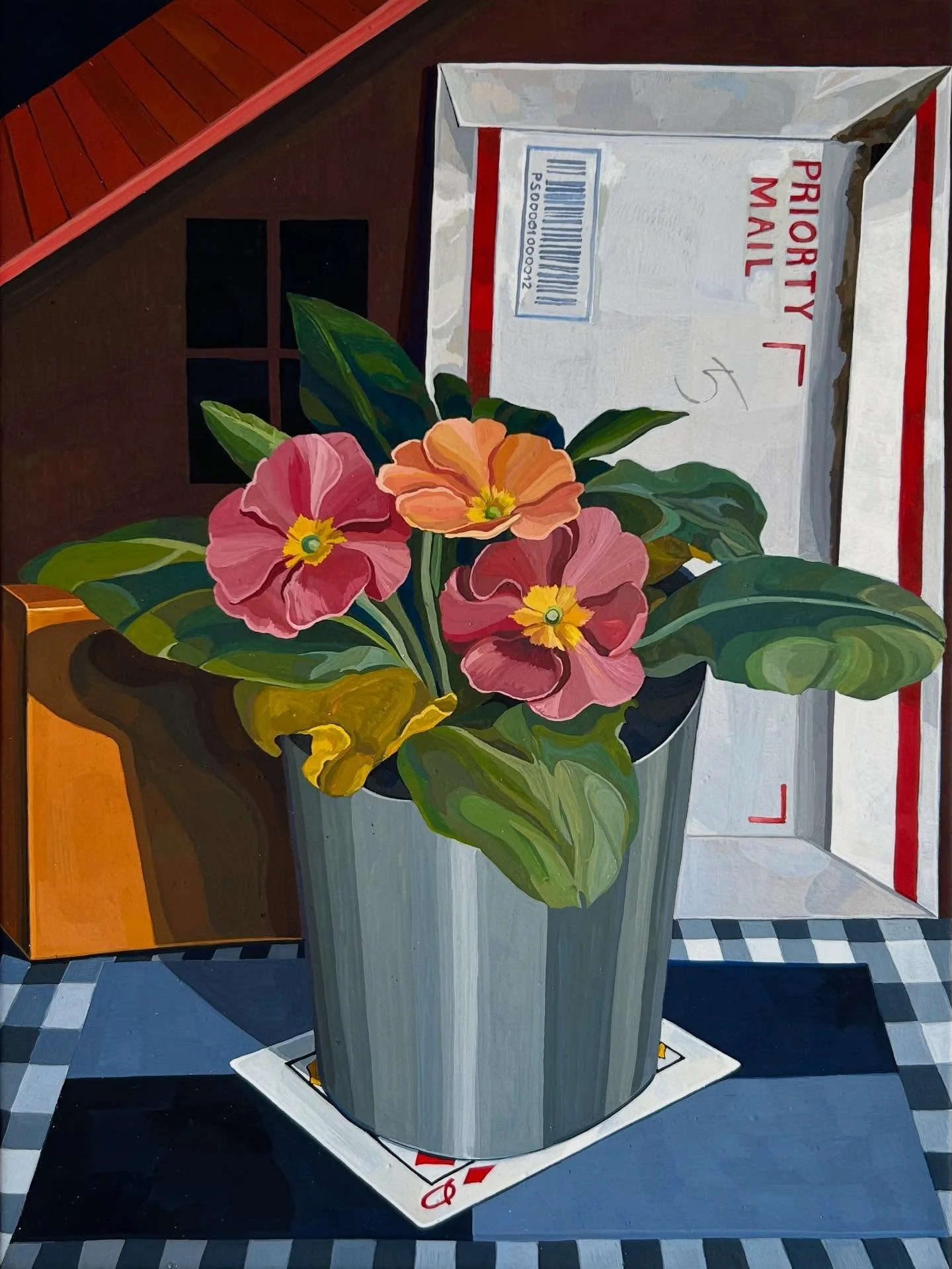 A small painting of primroses and some odds and ends. 

Priority Mail, 9 x 12&rdquo; egg tempera on panel
