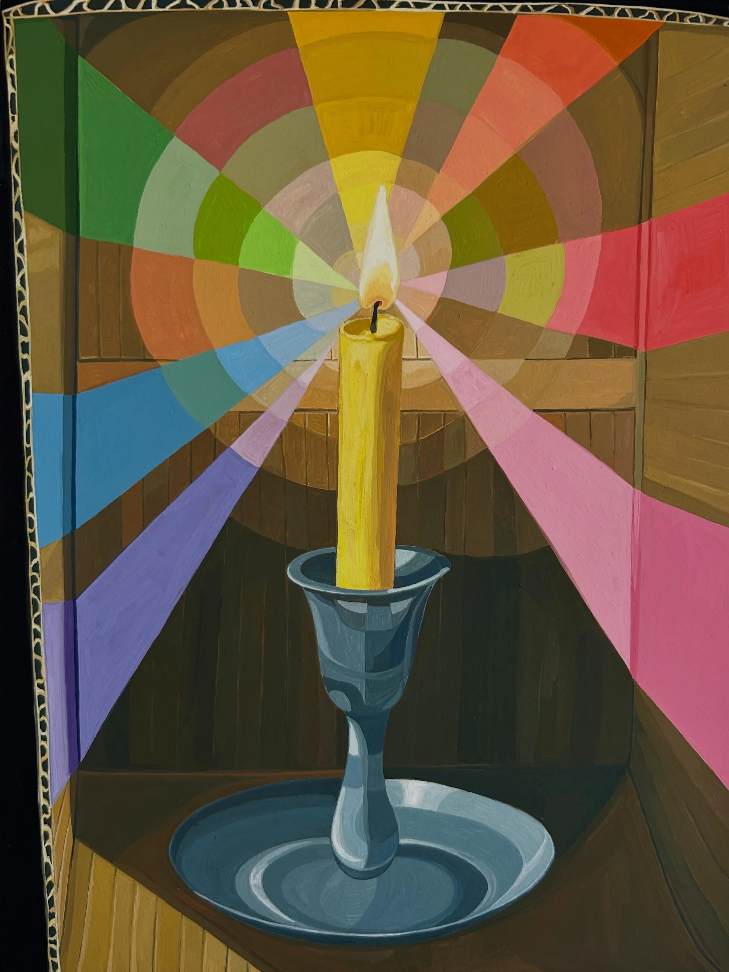 Spring is in full bloom in New England! A few months ago I painted this candle in a cardboard box. Needed some light in the gray winter months🧡🕯️ Rainbow, 9x12&rdquo;, acrylic gouache on wood panel.