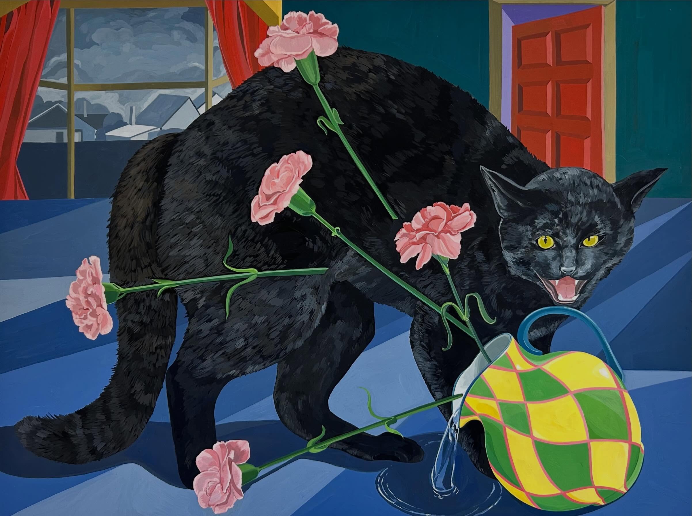 Another painting on view @sovtarts through July 26! 🐈&zwj;⬛ Prelude includes so many amazing artists in a very unique space 🧡 all my gratitude to the visionary @john.zaso 

Spill, 18 x 24&rdquo; acrylic gouache on wood panel