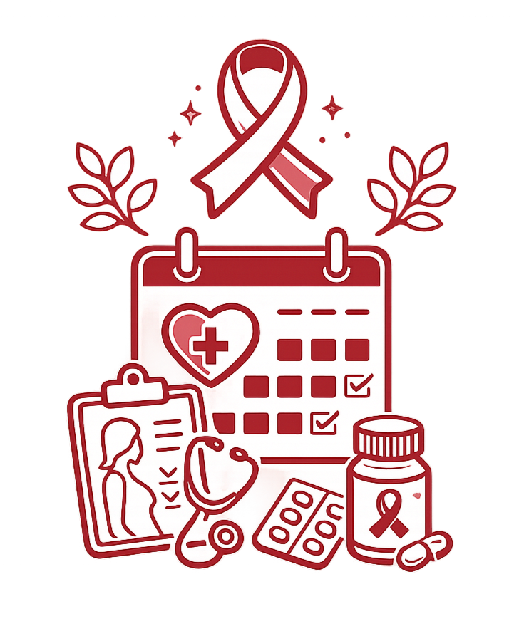 Illustration of a medical appointment calendar, a heart with a medical cross, a prescription pill bottle with a ribbon symbol, a stethoscope, a medical chart, and healthcare icons. Red ribbon at the top and decorative leaves on either side.