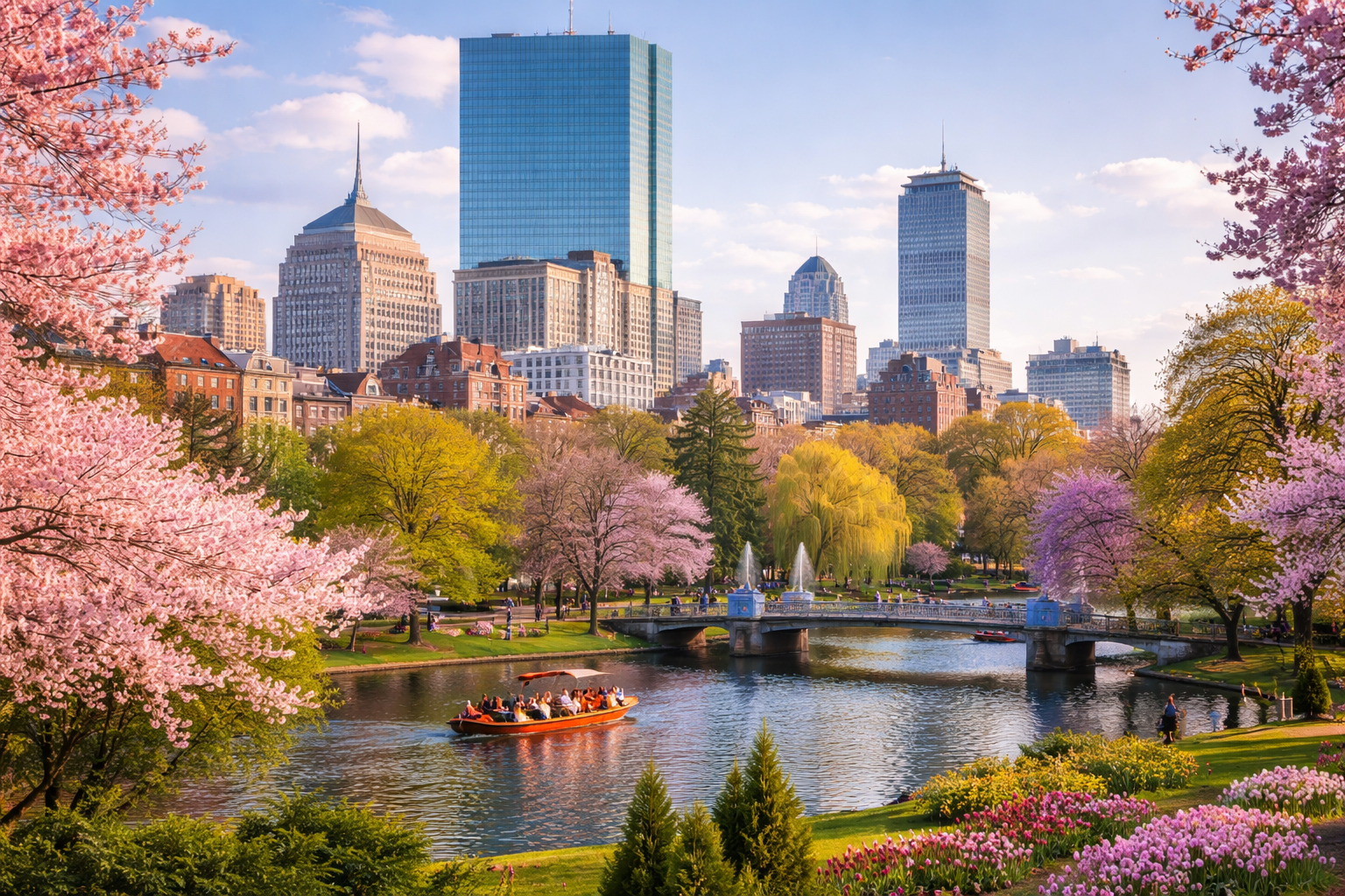 A cityscape with tall skyscrapers in the background, a park with blooming pink and purple cherry blossom trees, a river with a boat carrying passengers, a small bridge, and lush green grass and flowers in springtime.