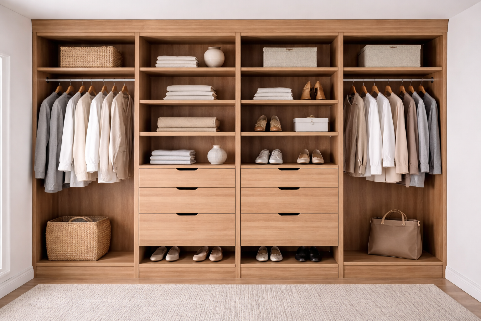 Custom built-in wood closet with hanging storage, drawers, and shelves design by Stillhouse Closet Co.