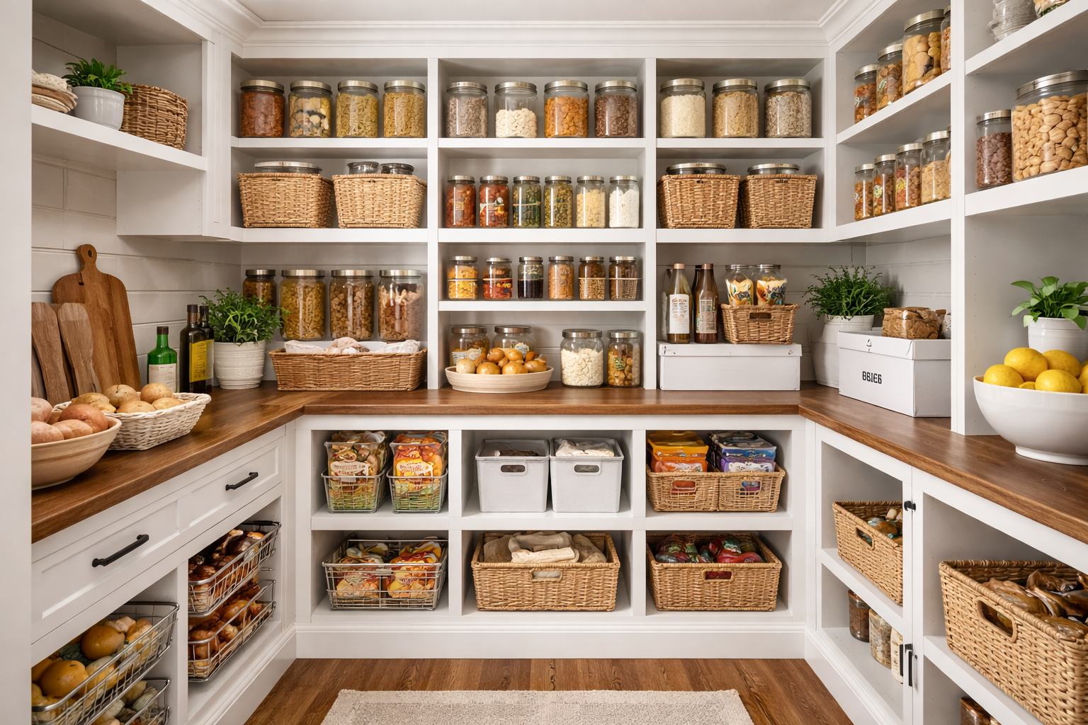 A well-organized pantry with white shelves and wooden countertop, filled with glass jars of dried foods, baskets of produce, and various kitchen supplies.