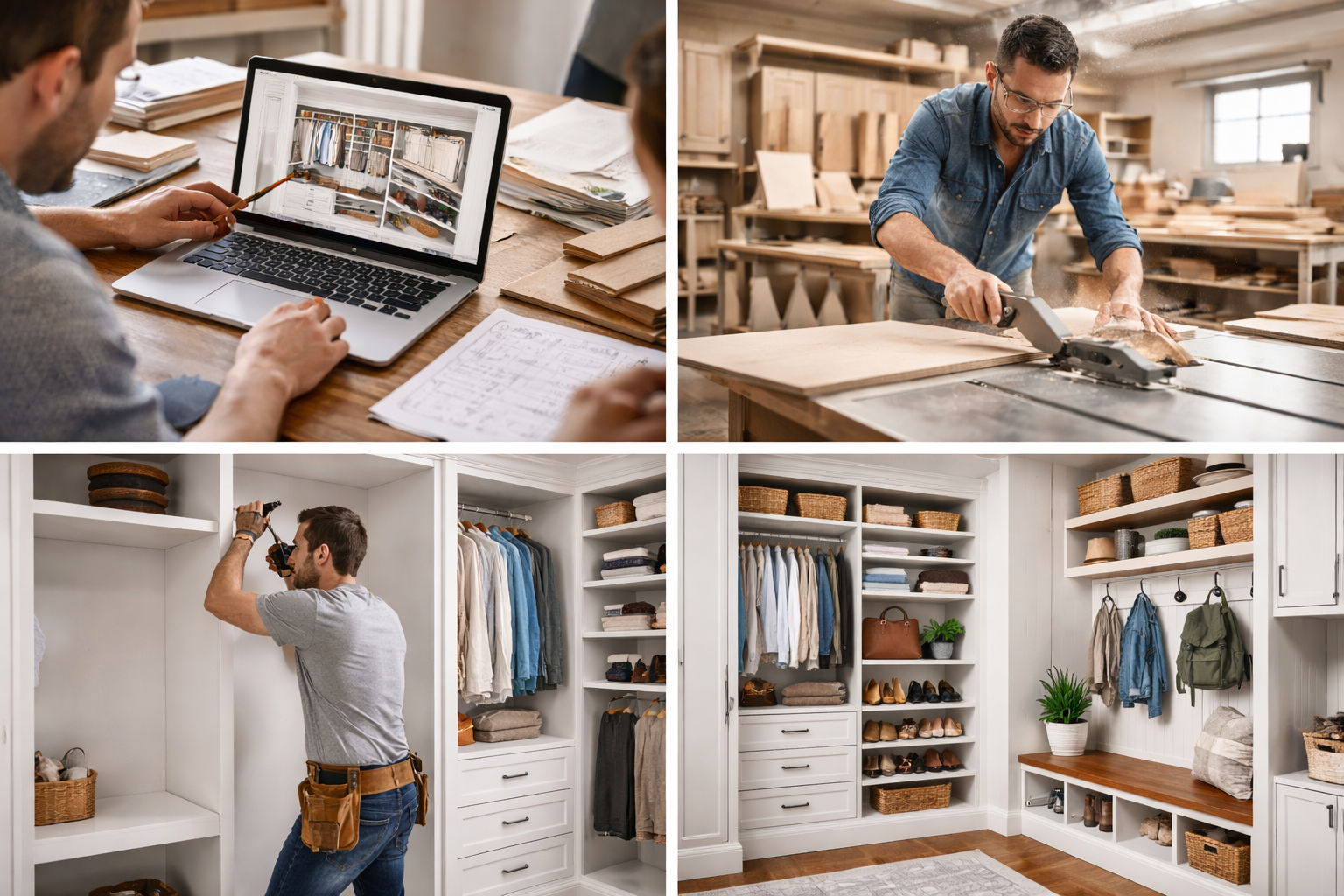 Design-build process for custom closets, showing 3D closet design, shop fabrication by craftsmen, and finished built-in installation.