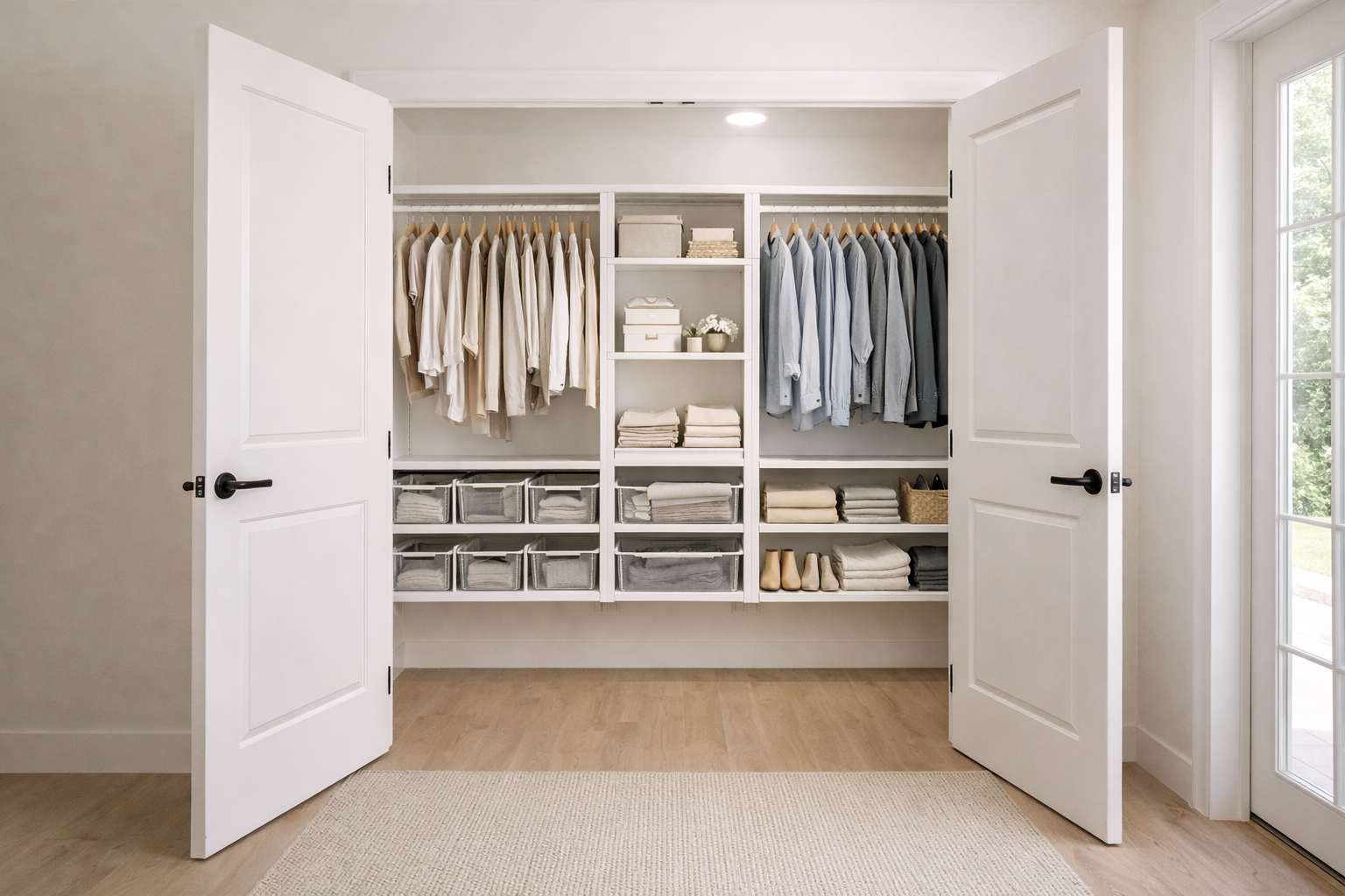 Organized reach-in closet with wall-mounted shelving and hanging sections behind doors
