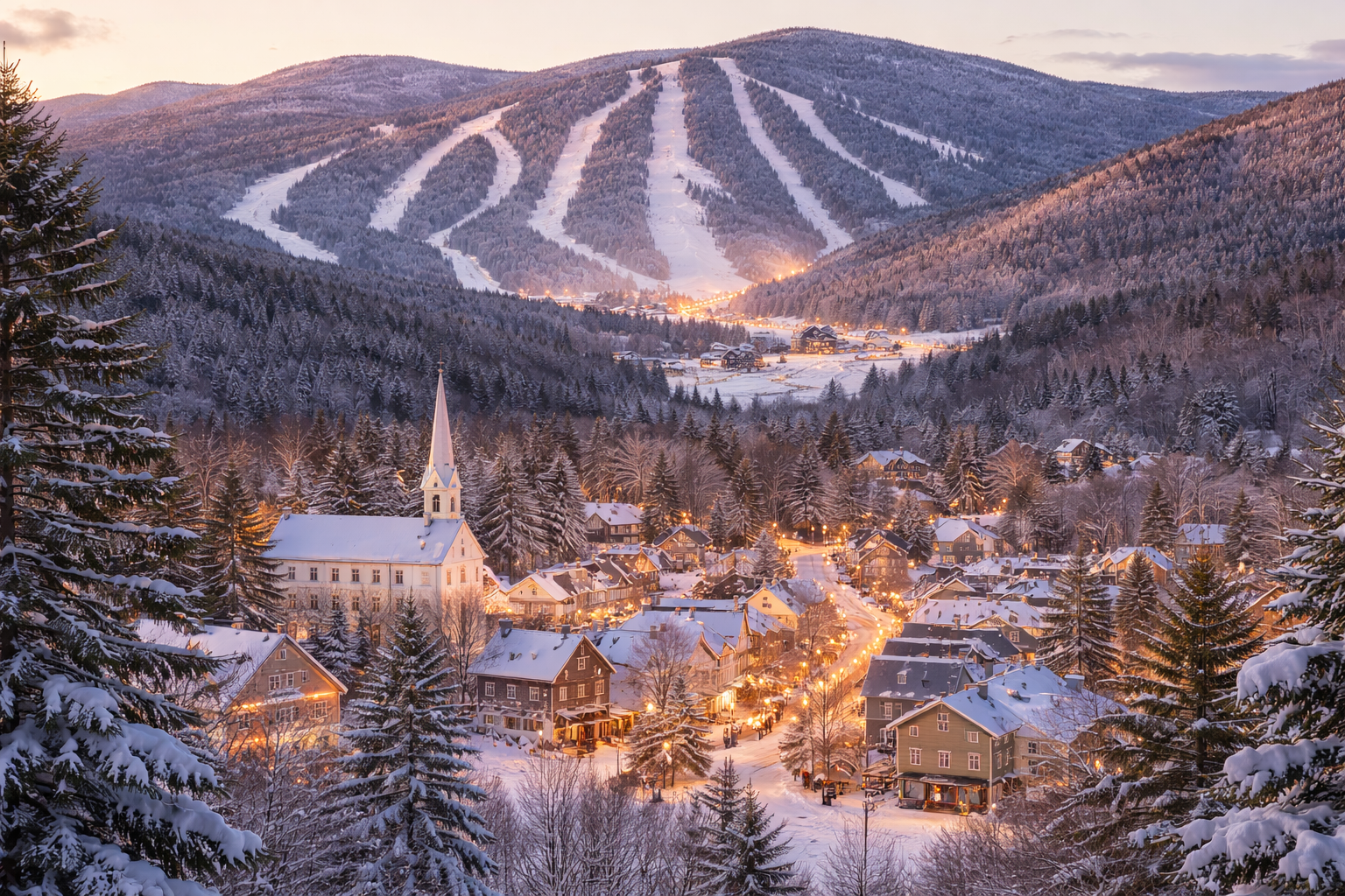 A snow-covered mountain village at dusk with ski slopes on the hills in the background. The village features a church with a tall steeple, houses with snow-covered roofs, and streetlights illuminating the streets.