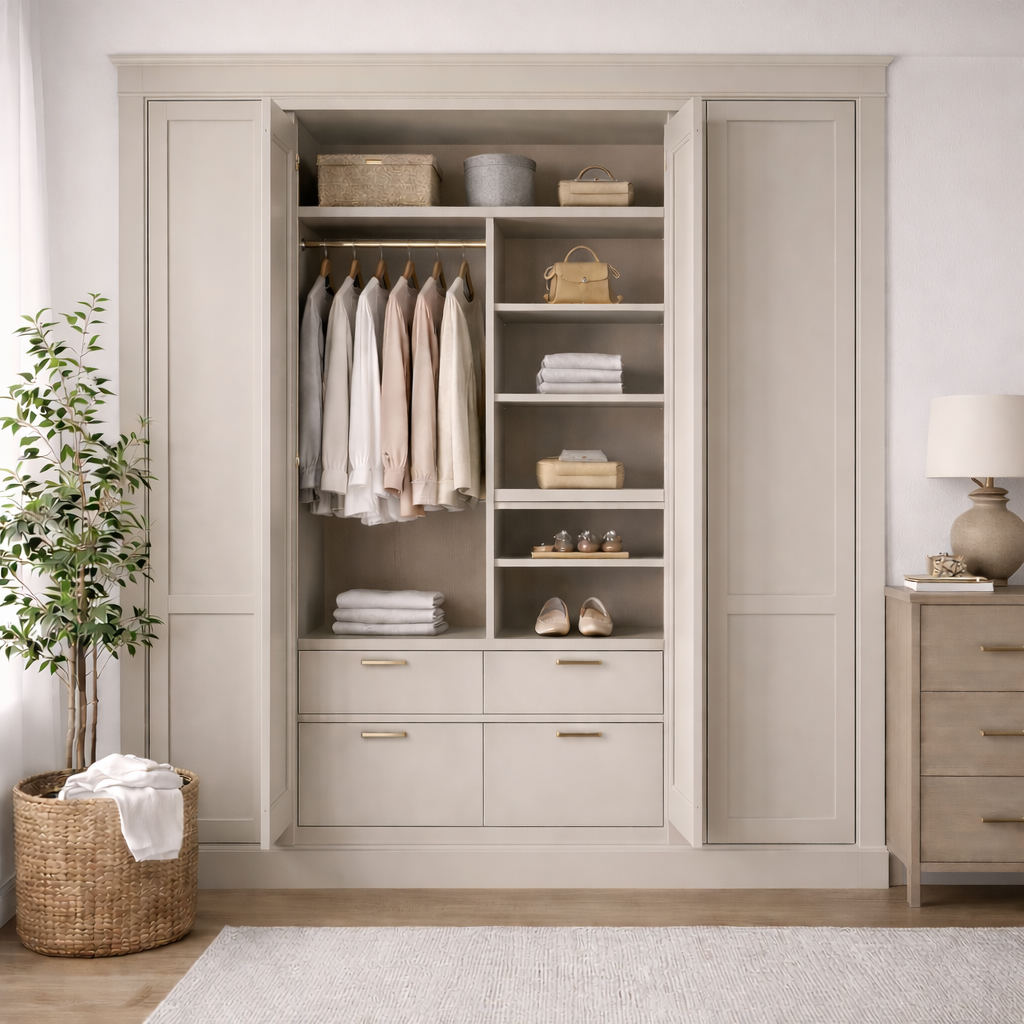 Custom built-in wardrobe with painted finish, hanging storage, drawers, and shelving