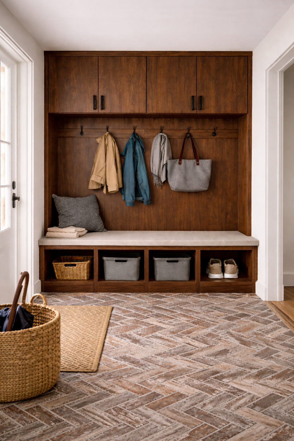 Entryway with wooden built-in storage, hooks with jackets and bags, shoes and storage bins on bench, wicker basket, and a door leading outside.