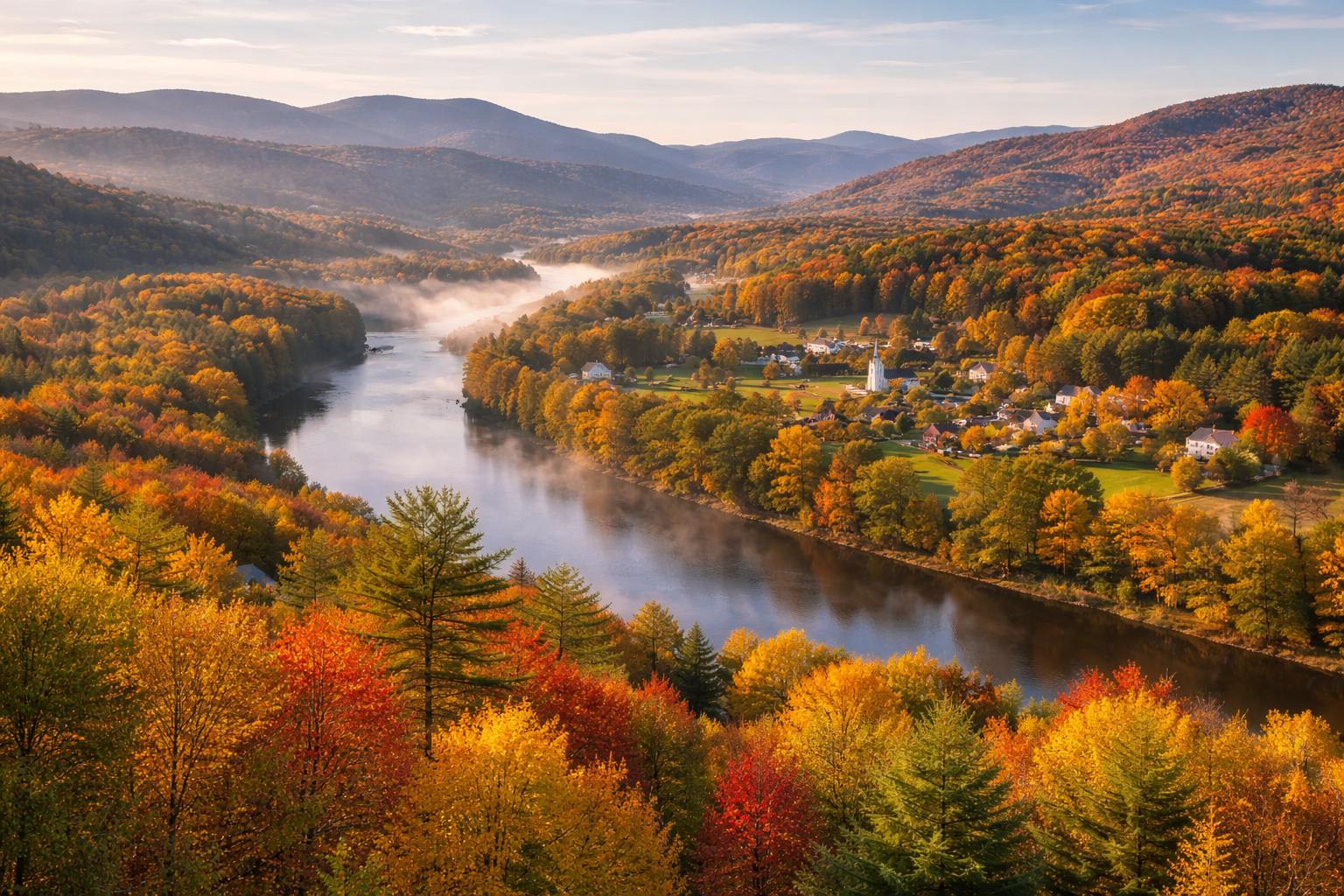 Scenic view of a river running through a valley surrounded by colorful autumn trees, with a small village and hills in the background during sunrise or sunset.