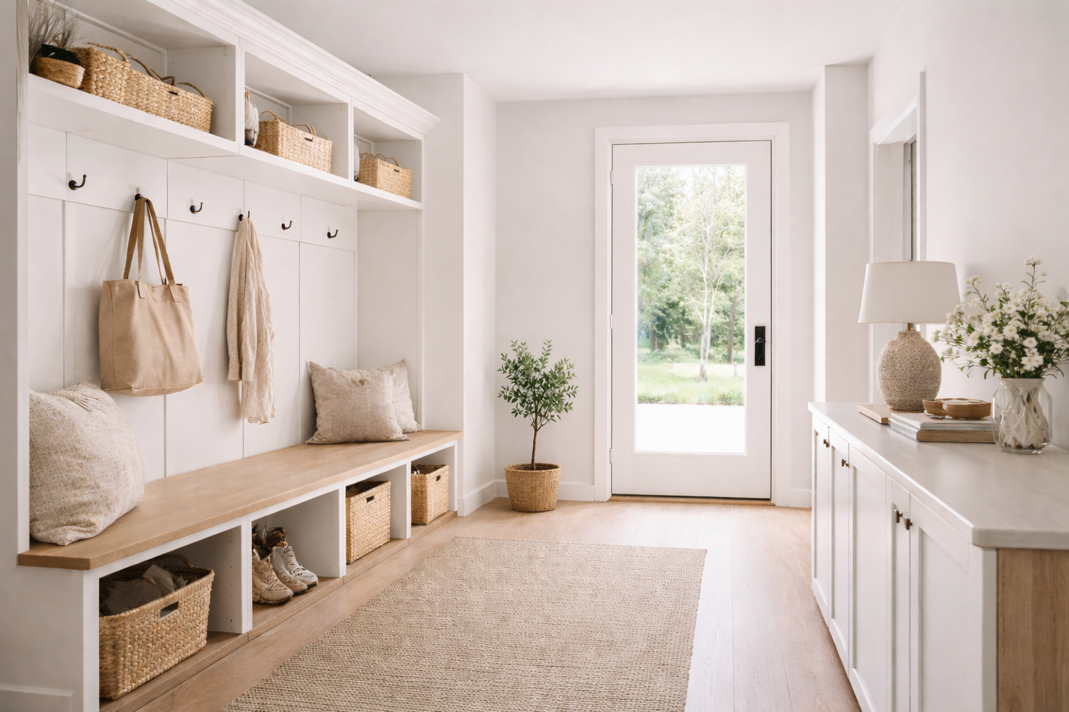 Simple entry mudroom with custom built-in bench, wall hooks, and storage cabinetry in Stowe VT home