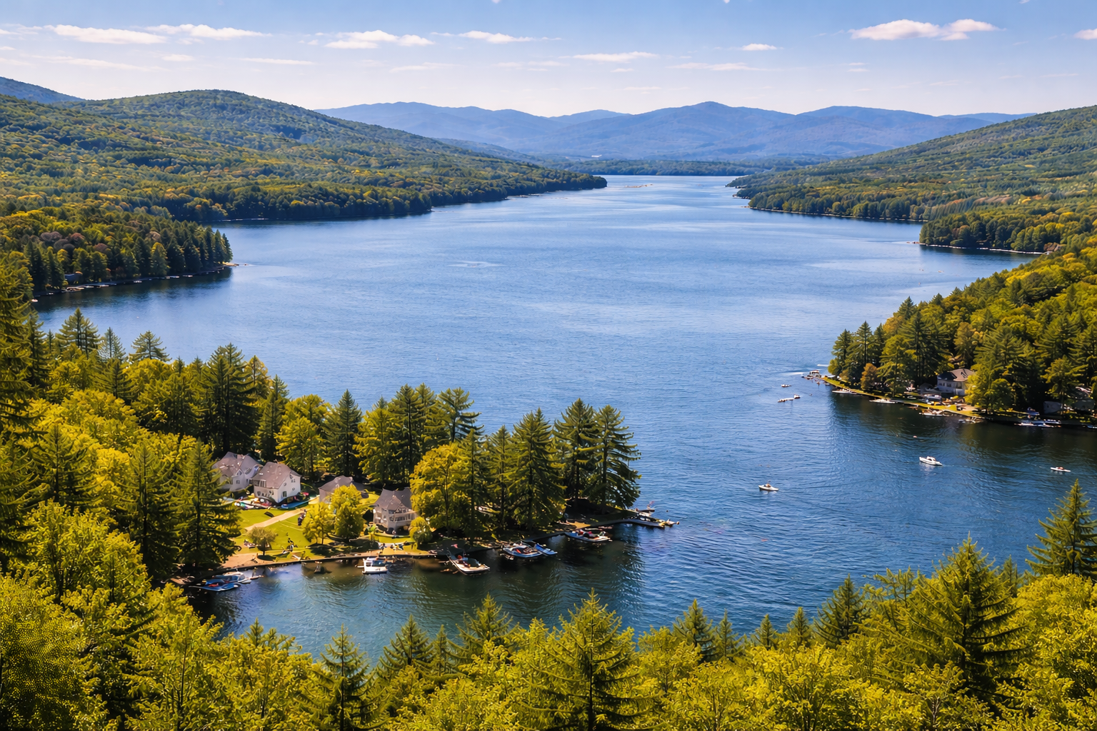 Aerial view of a large lake surrounded by green forested hills with a few lakeside houses and boats on the water.