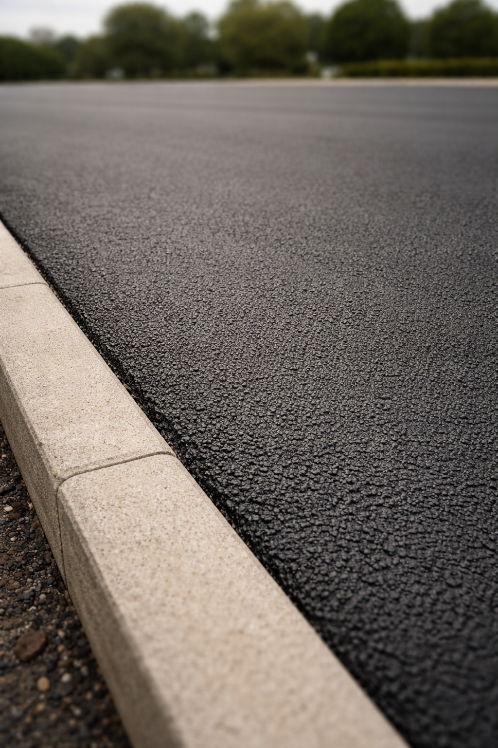 New asphalt paving next to a concrete curb at a commercial property.