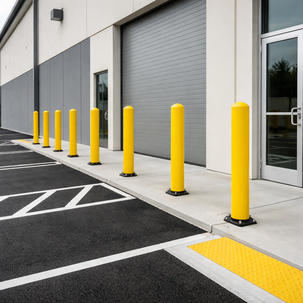 Empty parking lot outside a commercial building with yellow bollards and a yellow accessible ramp.