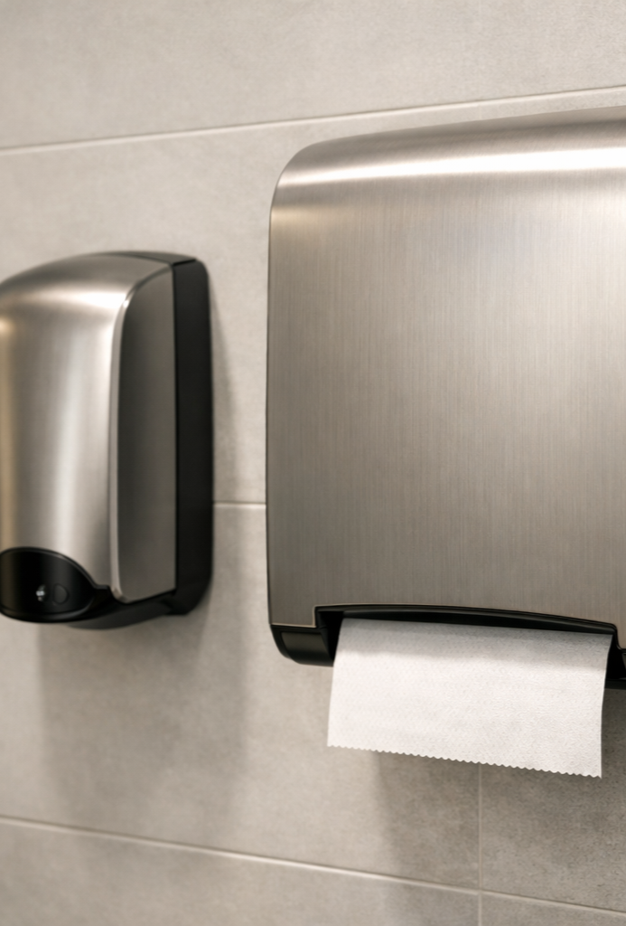 Stainless steel paper towel dispenser and hand sanitizer dispenser mounted on a tiled wall.