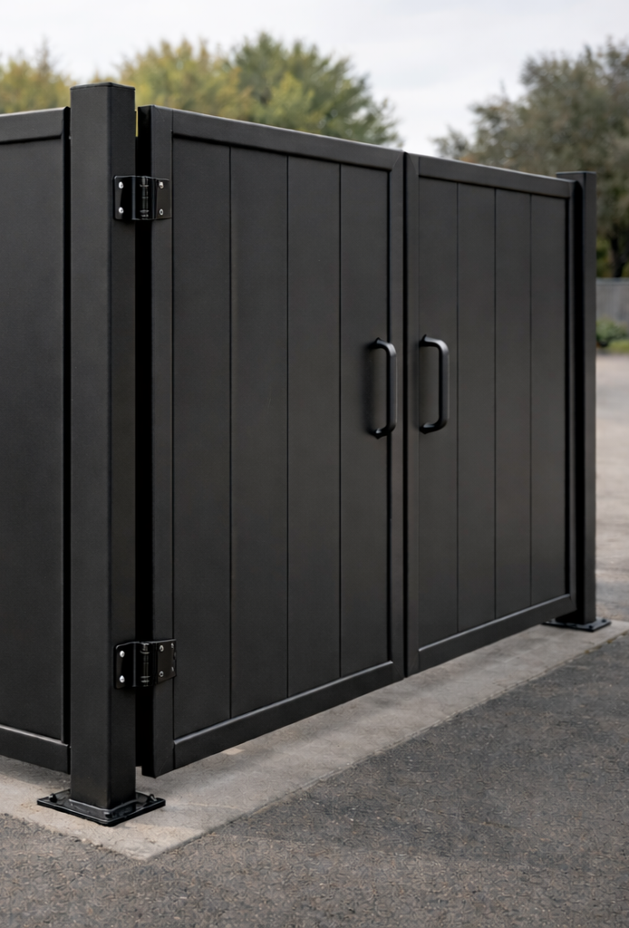 Black double gate with handles and hinges, installed on a concrete surface with a blurred outdoor background.