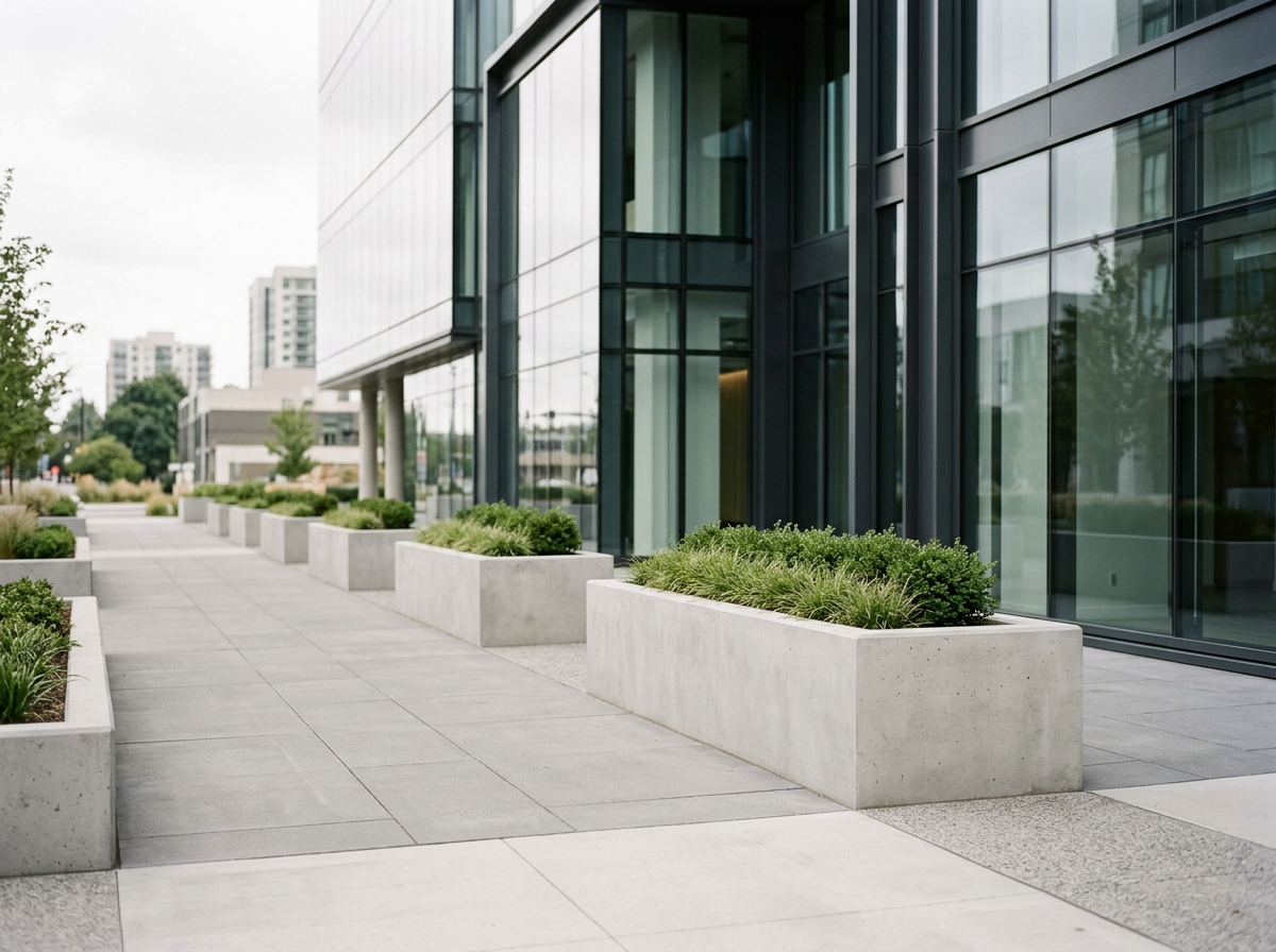 Concrete planters lining a pedestrian walkway along a commercial building frontage
