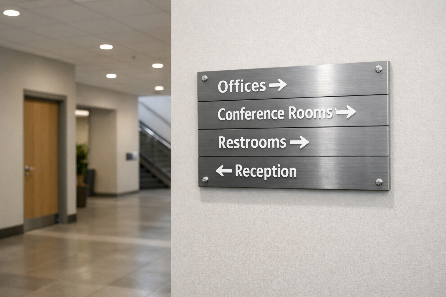 Hallway with directional sign pointing to offices, conference rooms, restrooms, and reception.