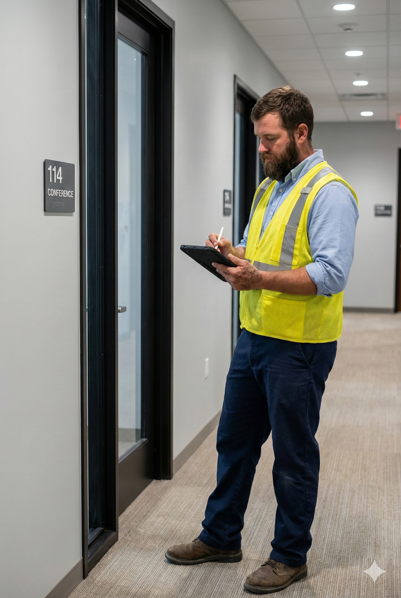 A man wearing a yellow safety vest is standing in a hallway next to an elevator, taking notes on a tablet or clipboard.