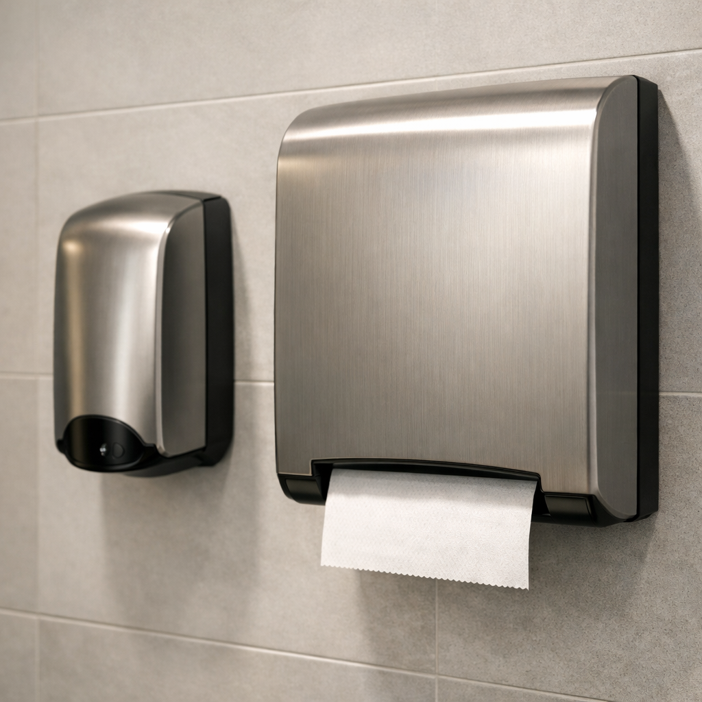 A stainless steel paper towel dispenser next to a hand sanitizer dispenser mounted on a tiled wall.