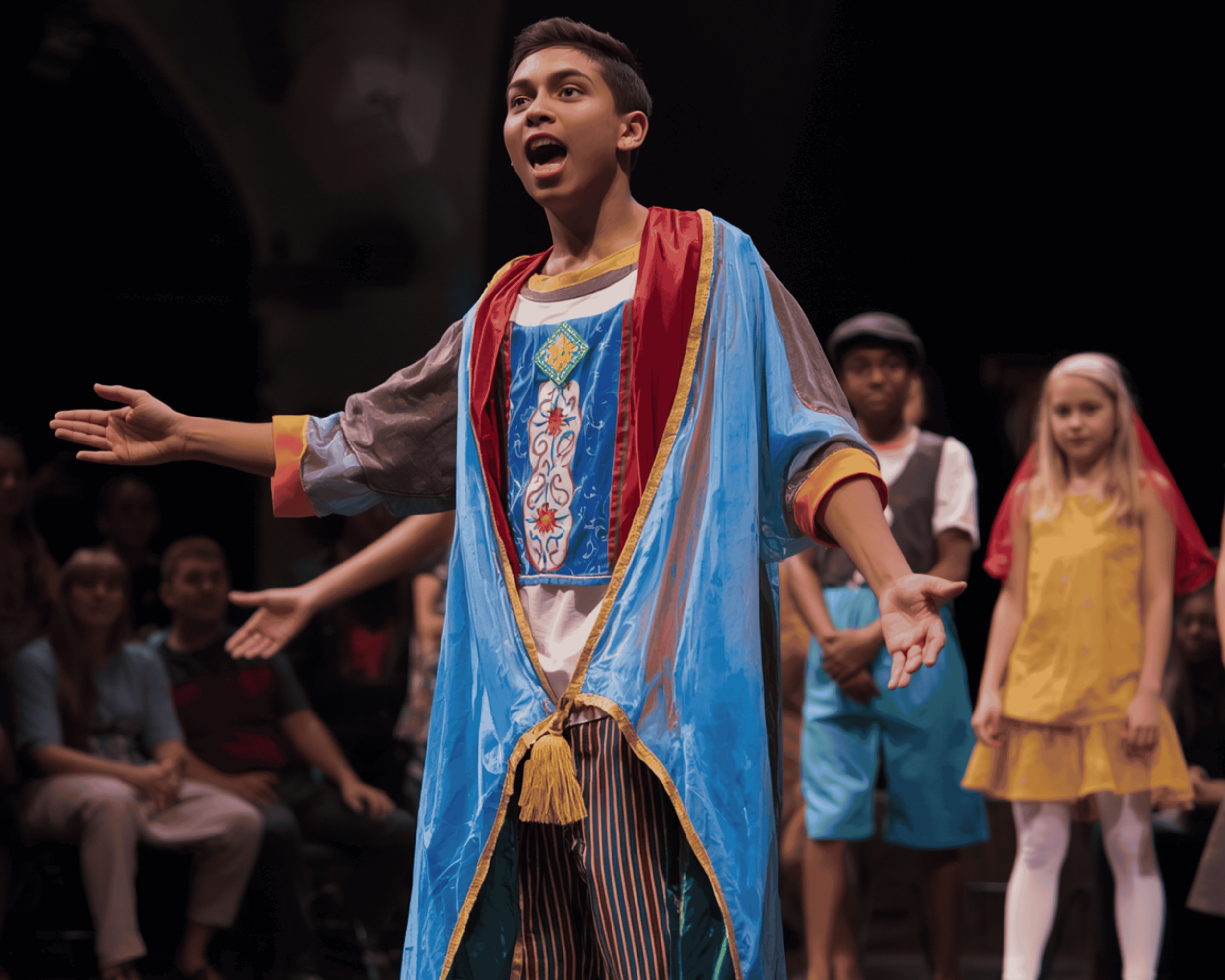 Young man in colorful costume performing on stage with other performers and audience in background.