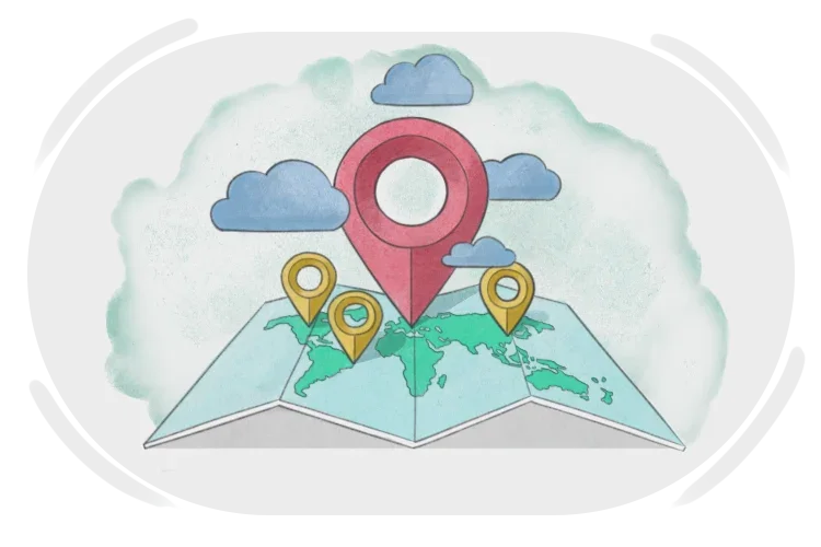 A illustrated map of the world with three location markers and a large pink map pin at the top, surrounded by clouds.