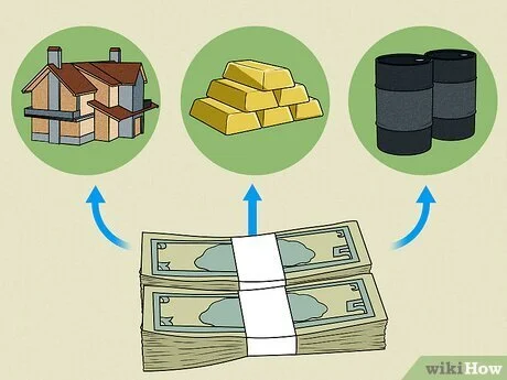 Illustration showing money at the bottom, with arrows pointing to a house, gold bars, and barrels, representing investments or assets.