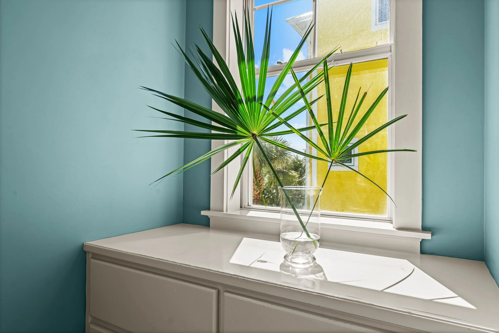 A large green palm leaf in a clear glass vase on a white dresser near a window with blue sky and yellow building outside.