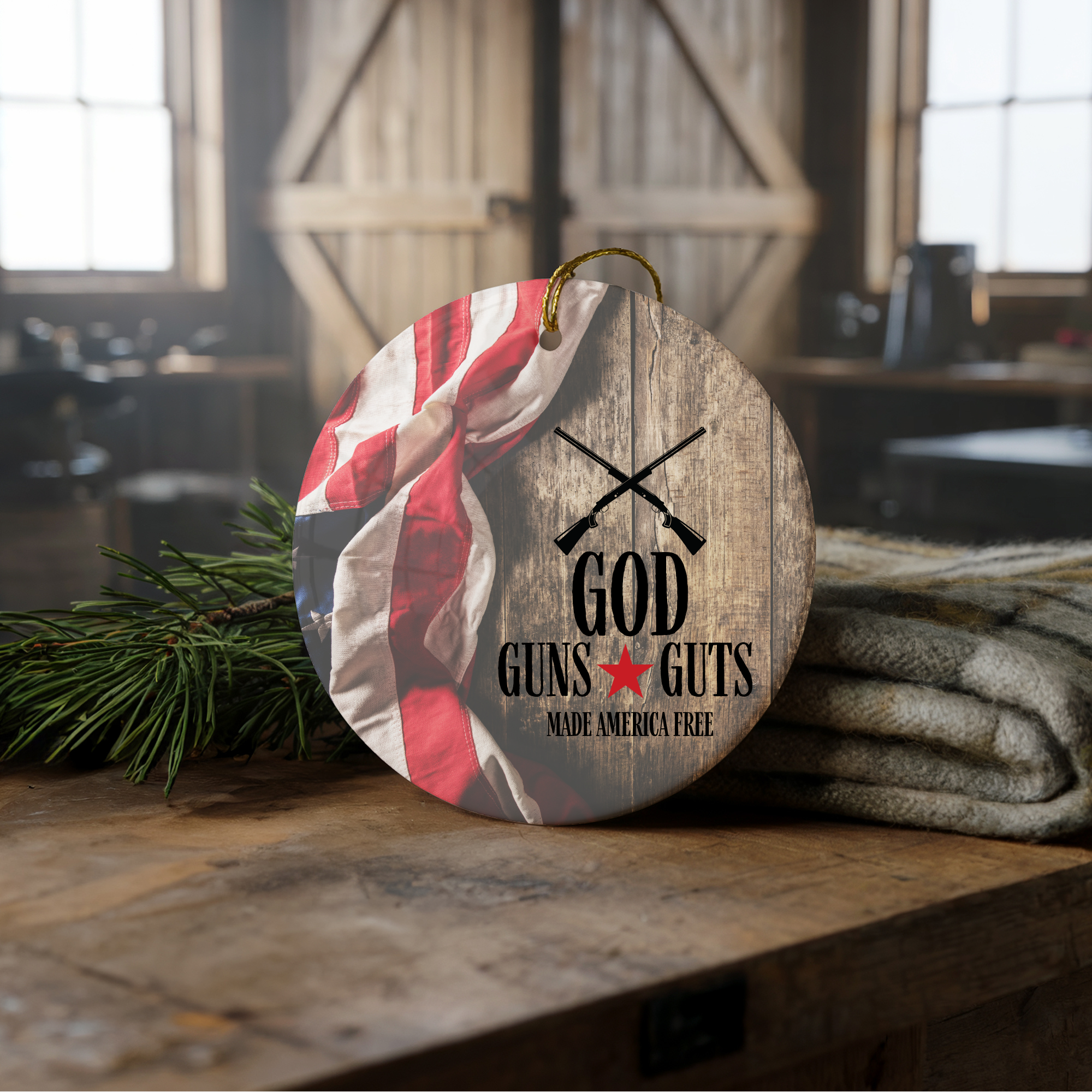 Decorative ornament with a biblical quote on a ceramic surface.