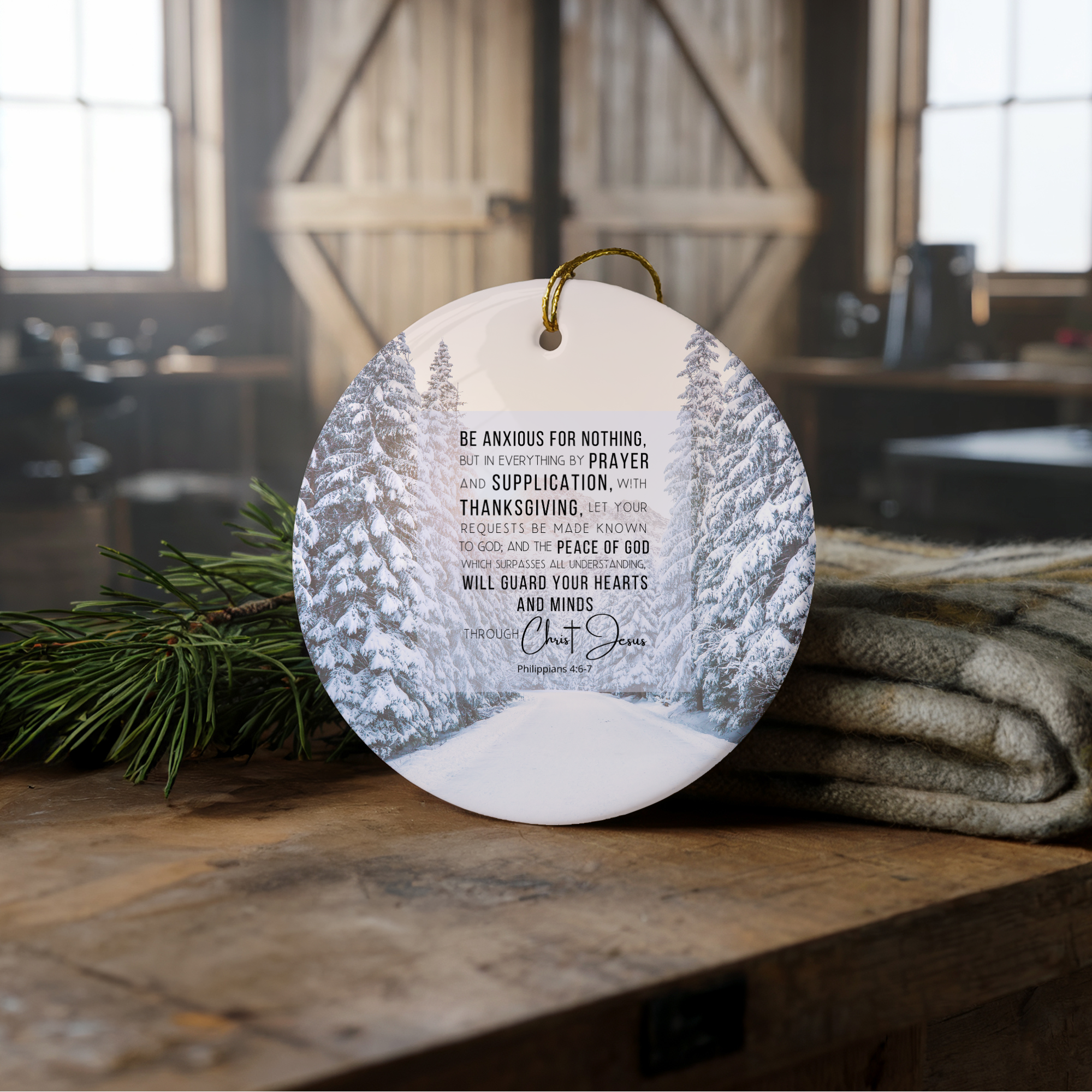 Decorative ornament with a biblical quote on a ceramic surface.