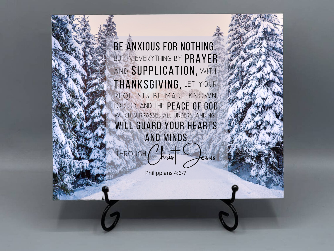 8x12 Ceramic Photo Tile – Philippians 4:6–7 “Be Anxious for Nothing” Scripture Art