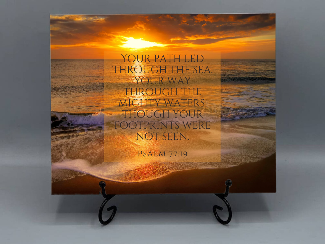 8x12 Ceramic Photo Tile – Psalm 77:19 Coastal Scripture Art