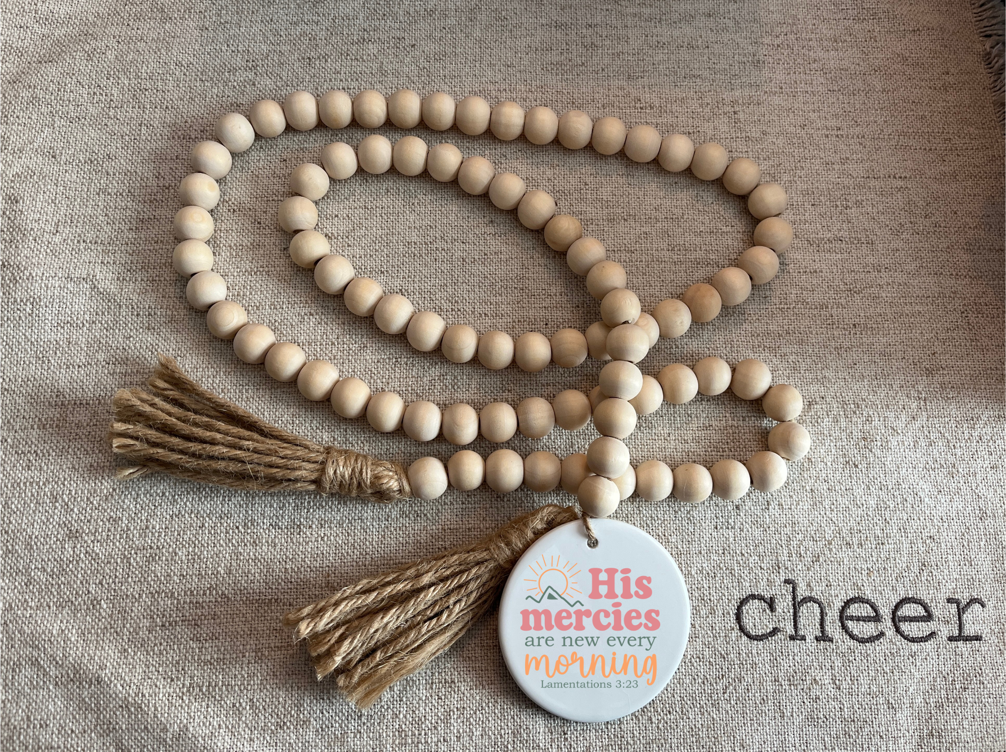 His Mercies Are New Every Morning Wood Bead Garland with Ceramic Scripture Tag