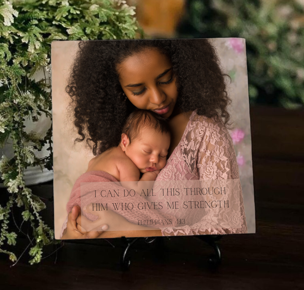 Mother & Baby Scripture Tile – 6×6 Ceramic Keepsake | Philippians 4:13