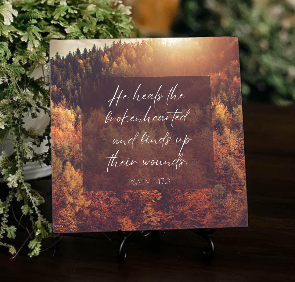 Psalm 147:3 “He Heals the Brokenhearted” – 6×6 Ceramic Scripture Tile | Comfort & Encouragement Gift
