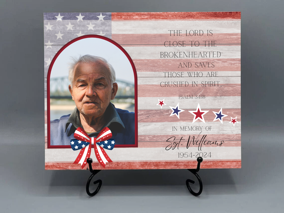 US 8×12 Personalized Veteran Memorial Ceramic Tile – Psalm 34:18 | Patriotic Remembrance Keepsake
