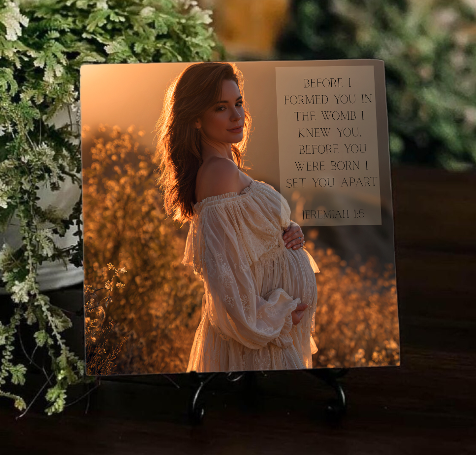 ceramic tile with scenic background and scripture on display stand