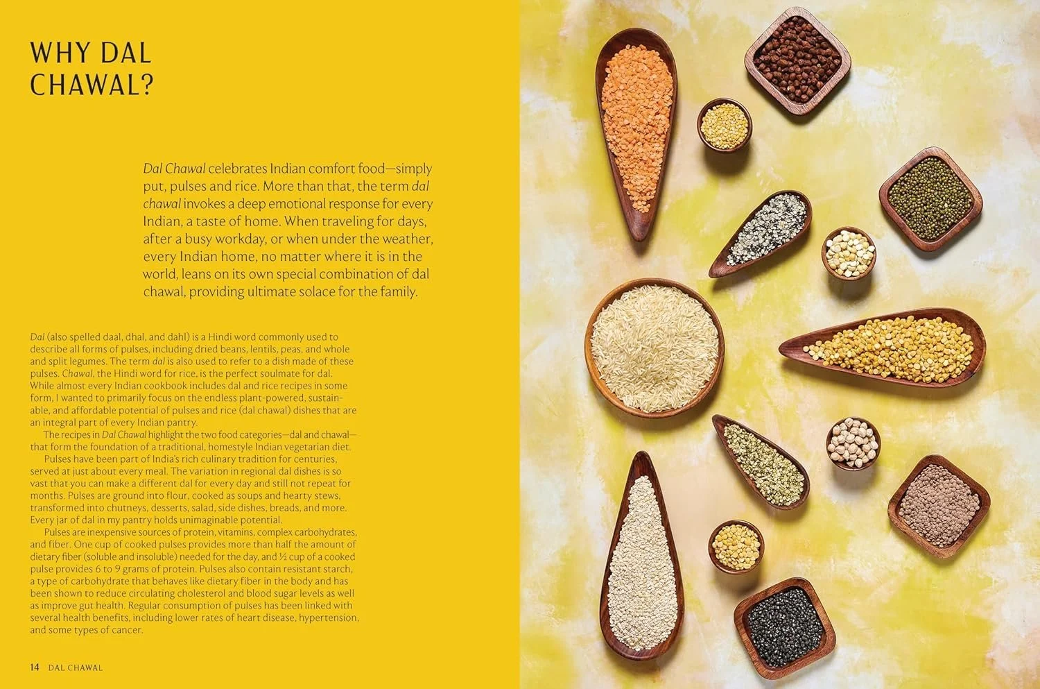 Assorted spices, pulses, and rice arranged in small wooden bowls and scoops on a yellow background, accompanying a text about Indian comfort food dal chawal.
