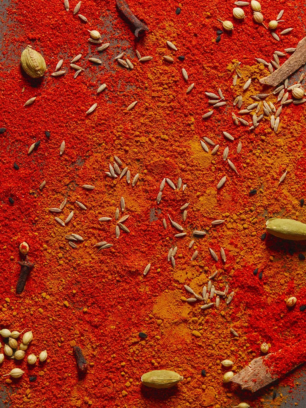 Close-up of various spices and seeds on a vibrant red-orange surface.