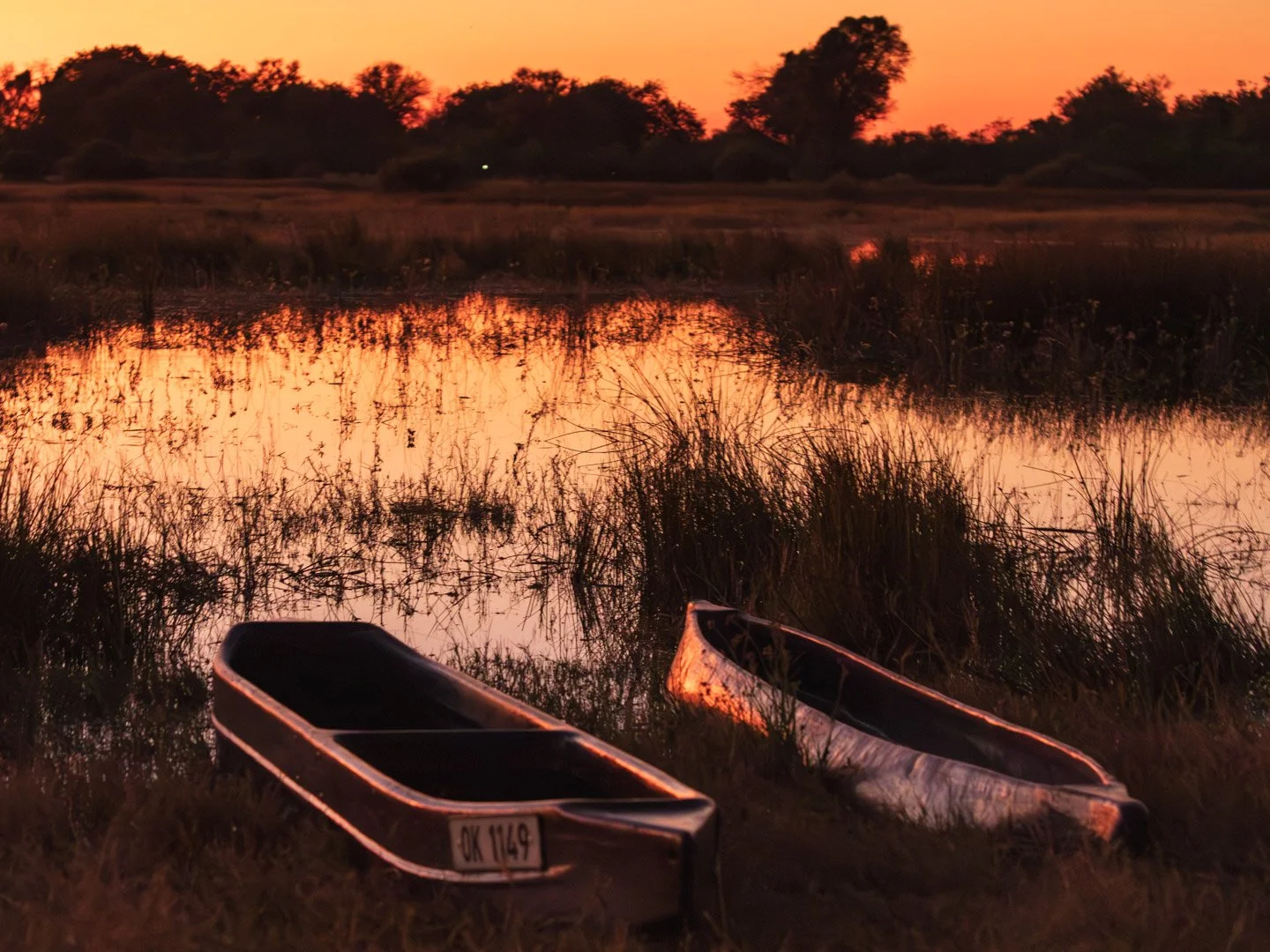 Two canoes resting on grassy shore beside a calm body of water during sunset, with silhouetted trees in the background and orange sky reflected in the water.