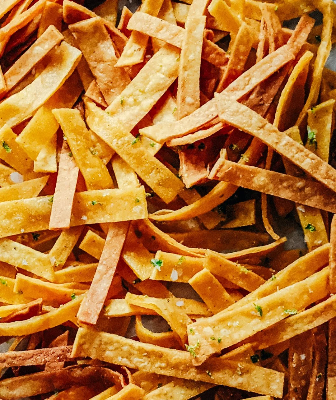Close-up of cooked French fries, some sprinkled with herbs and salt.