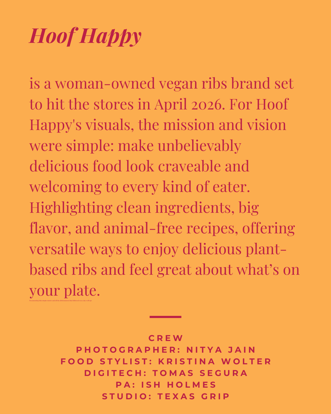 Text-based social media announcement about Hoof Happy, a woman-owned vegan ribs brand launching in April 2026, with a focus on simple, plant-based, animal-free recipes, ingredients, and flavor.