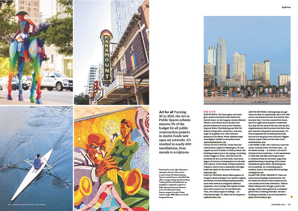A collage of five images from Austin, Texas, including a colorful sculpture of a rider on a horse, the Paramount Theatre marquee with rainbow flags, downtown Austin skyline, a wind turbine over water, and a mural of two women playing instruments.