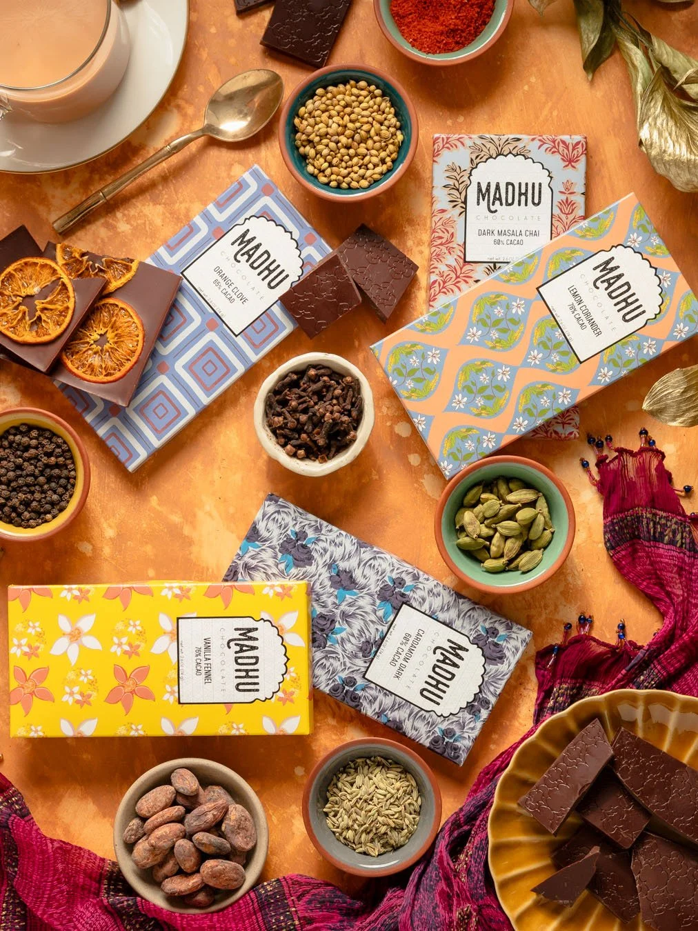 Assorted chocolates, tea boxes, and spices on a table with a cup of tea.