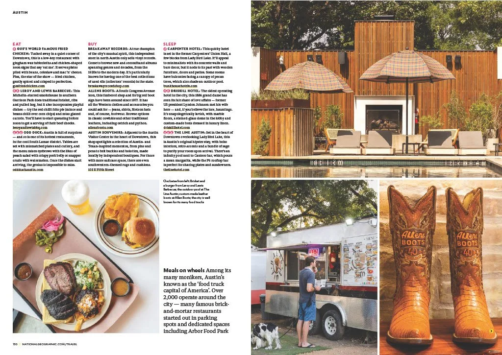 Photographs of Austin, Texas, including a modern house with outdoor patio furniture, a food truck serving meals on wheels, and a close-up of cowboy boots with colorful embroidery.