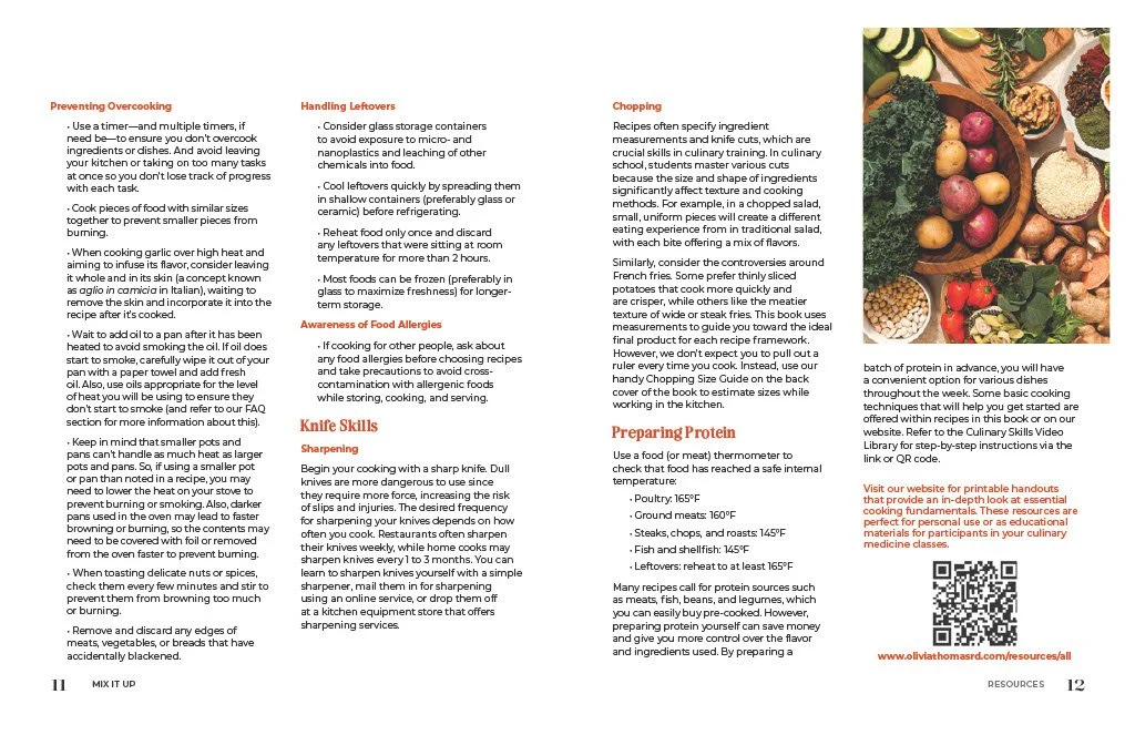A page from a cooking guide or magazine with sections on preventing overcooking, handling leftovers, chopping, awareness of food allergies, knife skills, and preparing protein, accompanied by images of various fresh vegetables and prepared dishes.