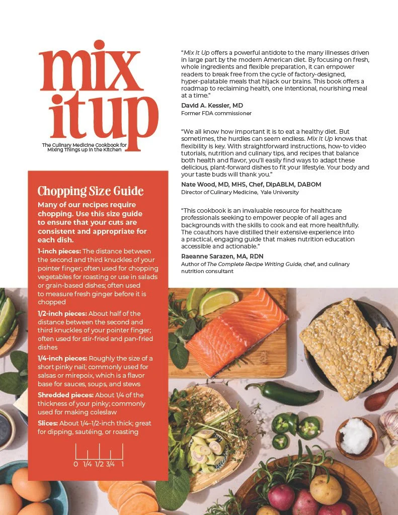Page from a cookbook titled 'mix it up' featuring a purple and white layout with the subtitle 'The Culinary Medicine Cookbook for Mixing Things Up in the Kitchen' and an orange section titled 'Chopping Size Guide' detailing various chopping technique